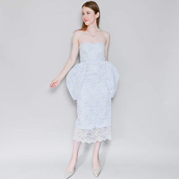 640. CALVIN LUO Blue Lace Overlay Strapless Peplum Dress M - Picture 1 of 12